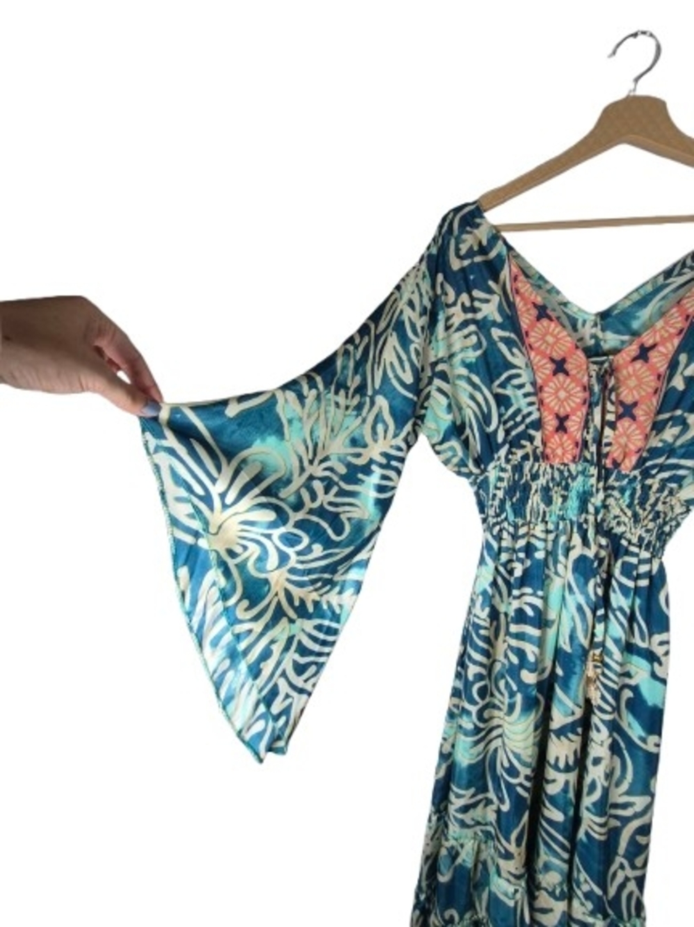 Wevez 100% Silk Bohemian Blue Floral Smocked Waist Maxi Dress | One Size